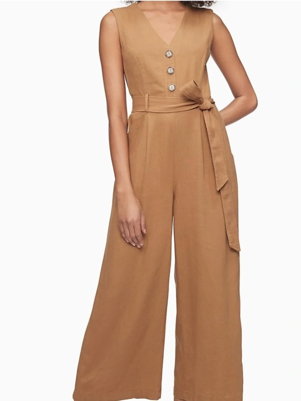Calvin Klein Sleeveless V-Neck Wide-Leg Jumpsuit in Camel